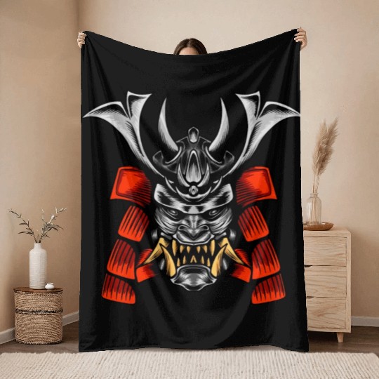 Japanese samurai warrior devil grey and red mask Throw Blankets