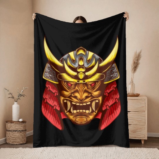 Japanese samurai warrior devil yellow and red mask Throw Blankets