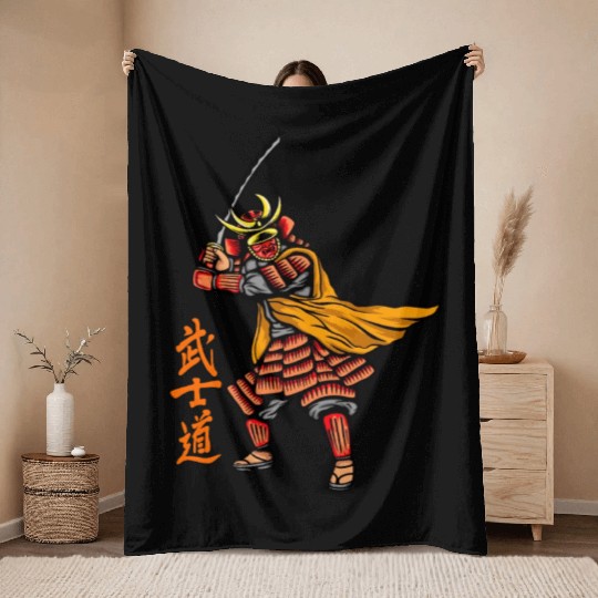 Japanese samurai warrior orange and yellow mask Throw Blankets