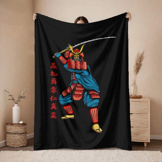 Japanese samurai warrior red writing mask Throw Blankets