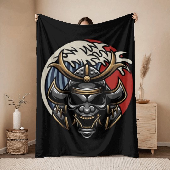 Samurai japan graphic grey mask Throw Blankets