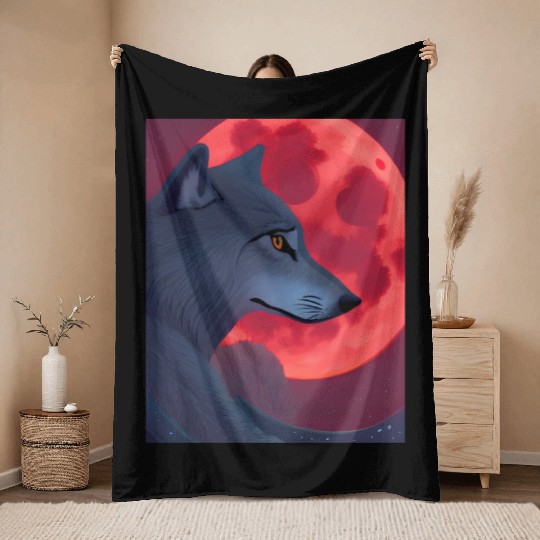 A Grey Wolf Staring at a Blood Moon Throw Blankets