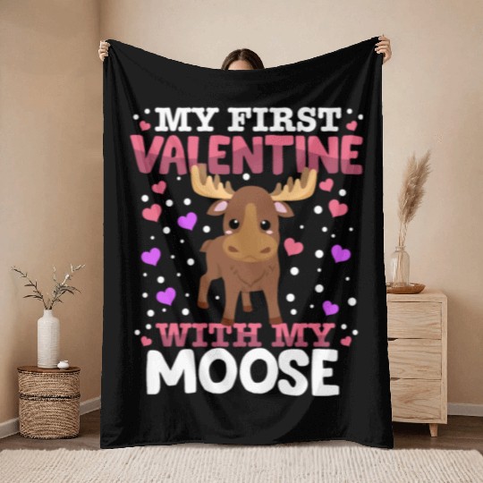 My First Valentine With My Moose Animal Heart Throw Blankets