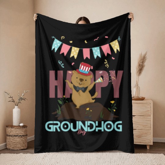 Happy Groundhog Day Throw Blankets