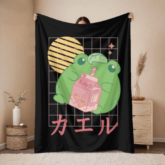 Strawberry Milk Frog Japanese Throw Blankets