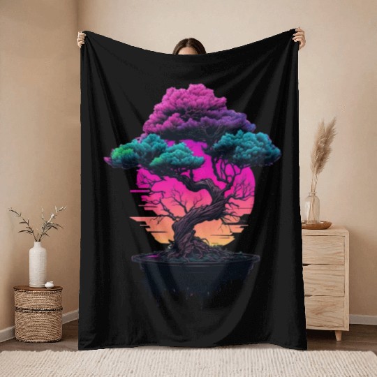 Synthwave Bonsai Tree Throw Blankets