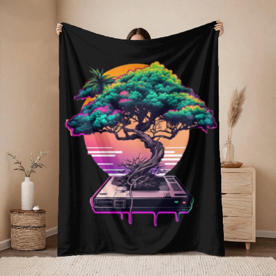 Synthwave Bonsai Tree Throw Blankets