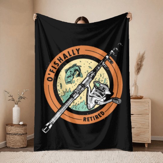 Ofishally Retired Fishing Retro Retirement Fishing Throw Blankets