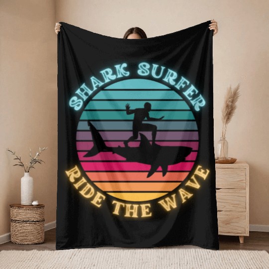 Shark Surfer Ride the Wave Rainbow Sunset Neon Throw Blankets