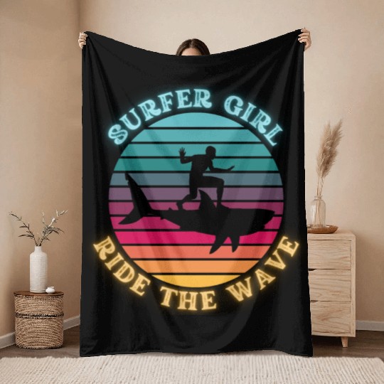 Shark SurferGirl Ride the Wave Rainbow Sunset Neon Throw Blankets