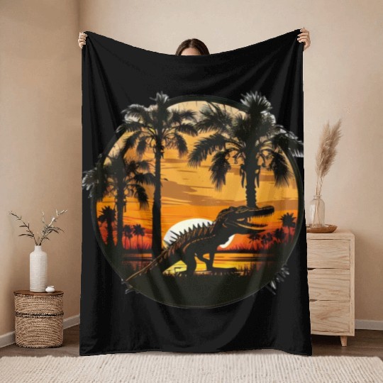 Florida Everglades Sunset Alligator and Palm Tree Throw Blankets