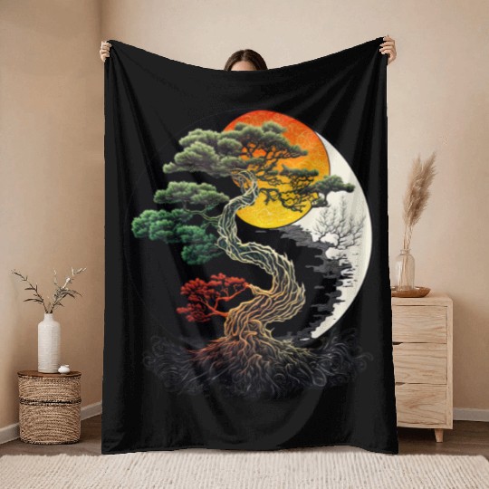 Yin and Yang Bonsai Tree Throw Blankets