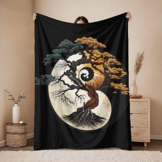 Yin and Yang Bonsai Tree Throw Blankets