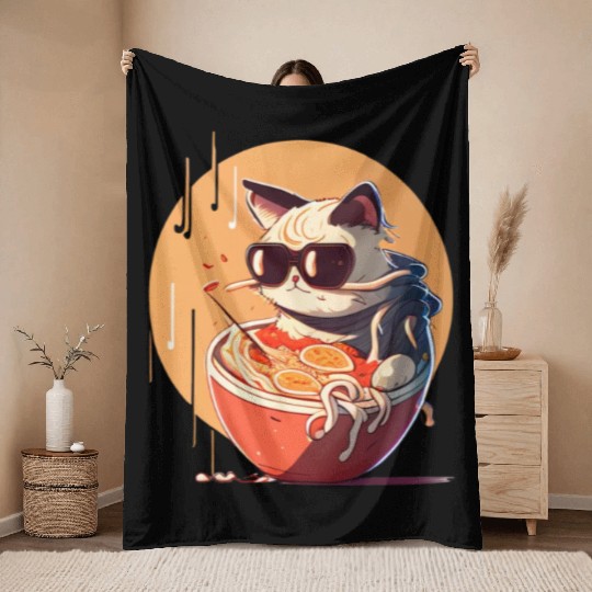 cat eating Chinese food,cute design for Meow lover Throw Blankets