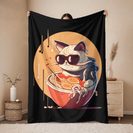 cat eating Chinese food,cute design for Meow lover Throw Blankets
