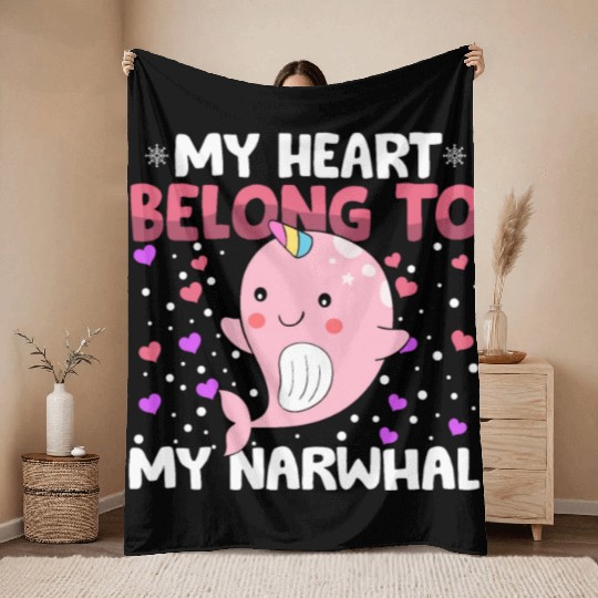 Valentines Day My Heart Belong to My Narwhal Boys Throw Blankets