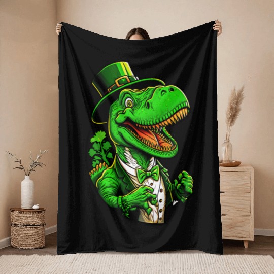 St Patricks Day T-rex Dinosaur With Top Hat Throw Blankets