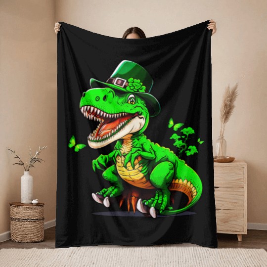 St. Patrick Day T-rex Dinosaur With Hat Throw Blankets
