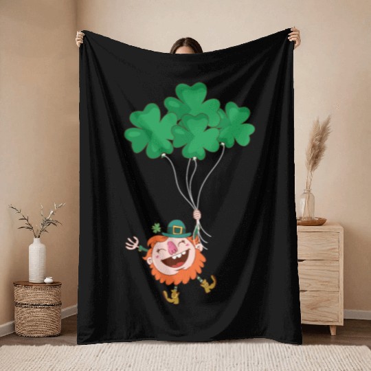 Lerechaun Hanging On Clover Balloons - St Patricks Throw Blankets