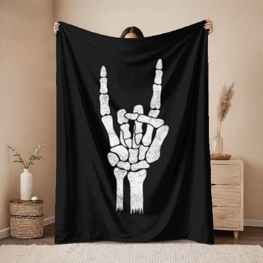 Skeleton Hand Rock Metal Sign Throw Blankets