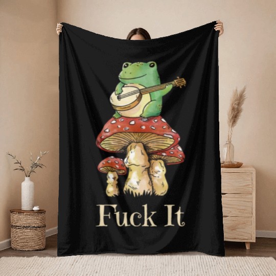 Cottagecore Frog Playing Guitar says Fuck It Throw Blankets