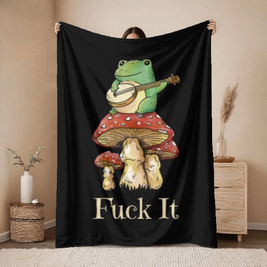 Cottagecore Frog Playing Guitar says Fuck It Throw Blankets
