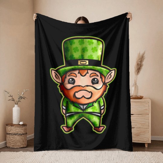 Cute Kawaii Irish Elf With Shamrock Hat For St Throw Blankets