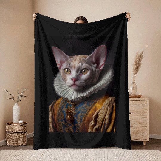 Black Queen Devon Rex Cat Breed Portrait Royal Ren Throw Blankets