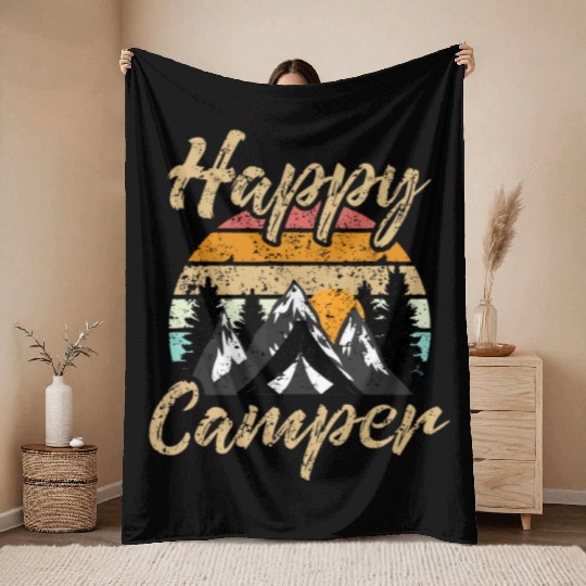 Funny Camping Hiking Lover Present Happy Camper Gi Throw Blankets