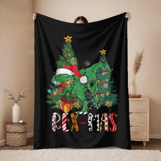 Dino dinosaur T-rex Trex Tyrannosaurus Xmas Throw Blankets