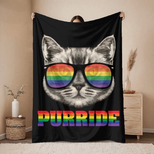 Purride Cat Rainbow Homosexuell Gay Throw Blankets