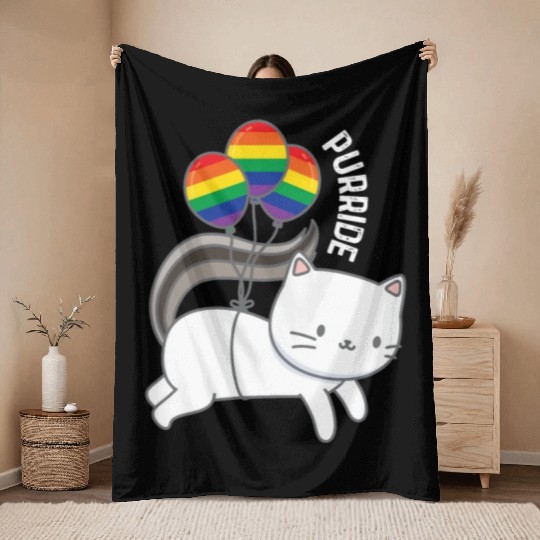 Purride Cat Balloon Rainbow Gay Throw Blankets