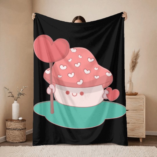 cute little mushroom holding a candy heart Throw Blankets