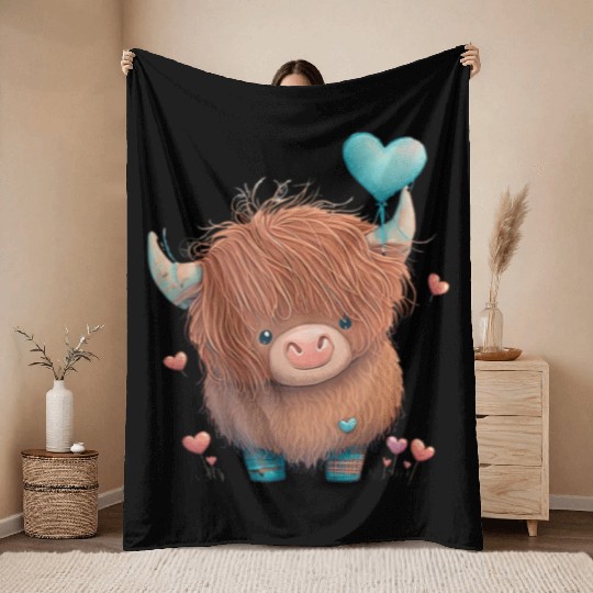 Cute Highland Cow Valentine's Day Farm Cow Lover V Throw Blankets