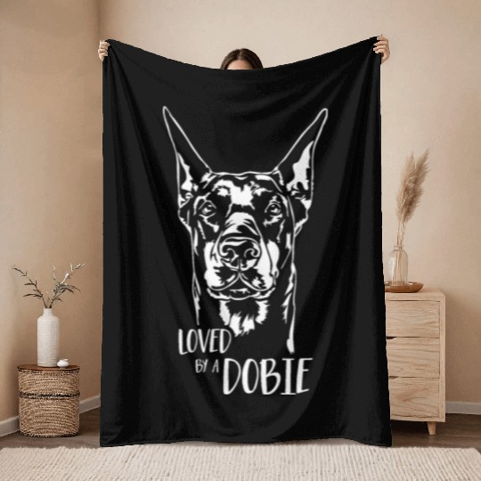 Doberman Loved by a Dobie dog saying dog Throw Blankets