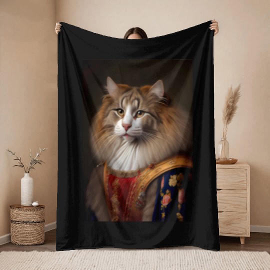 Norwegian Forest Cat Breed Portrait Royal Renaissa Throw Blankets