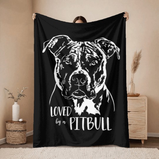 Loved by a Pitbull dog mom dog saying Throw Blankets