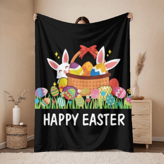 HAPPY EASTER Bunny Egg Hunt Wagon Girls Kids Mom Throw Blankets