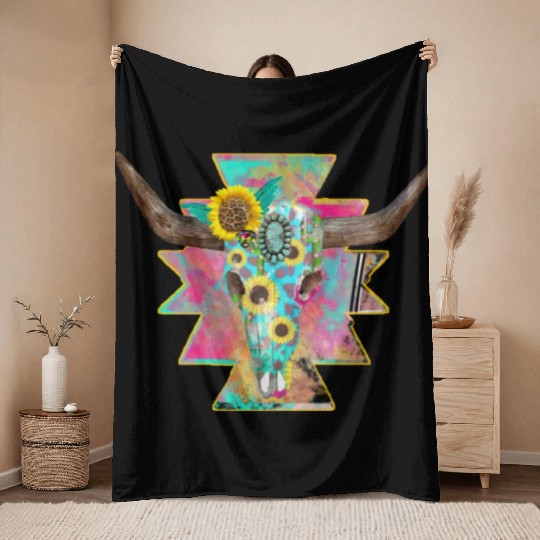 Colorful Floral Bull Skull Throw Blankets