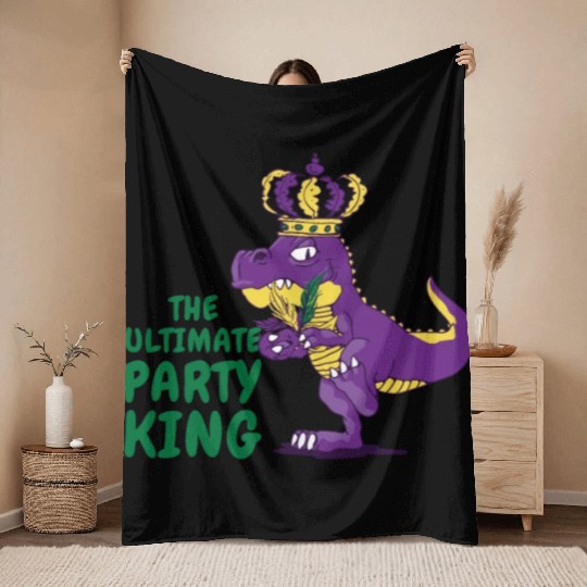 Mardi Gras Carnival T-rex Dinosaur Party King Throw Blankets