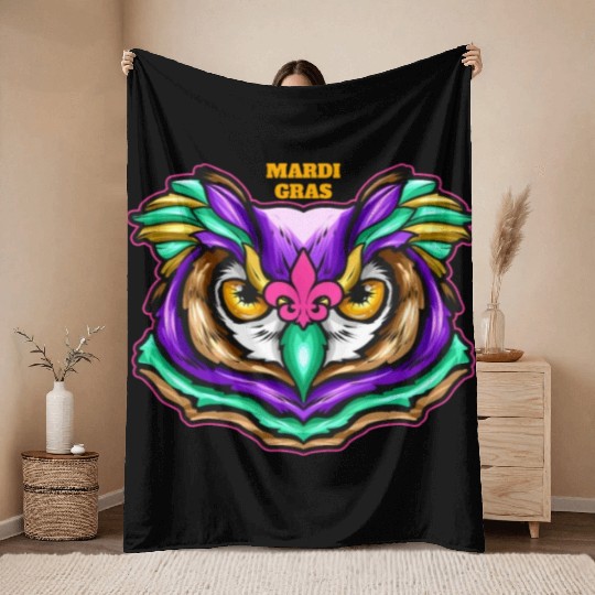 Purple Green Owl With Pink Fleur De Lis For Mardi Throw Blankets