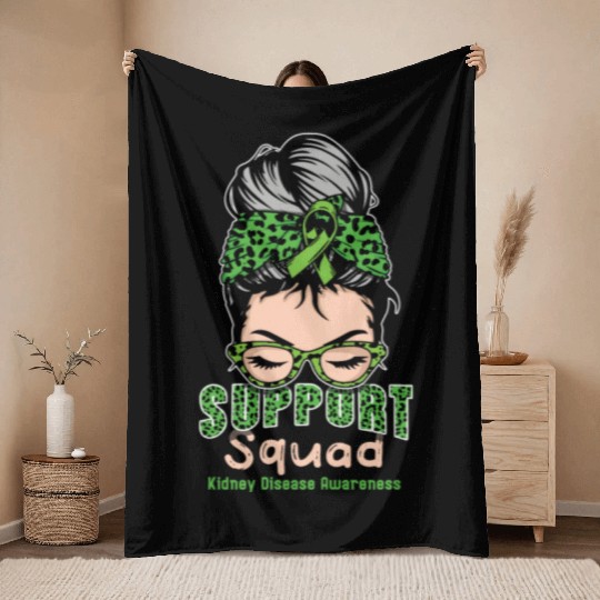 Support Squad Green Kidney Disease Awareness Month Throw Blankets