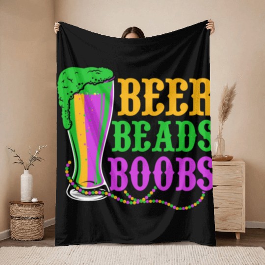 Beer Beads Boobs Mardi Gras Party Throw Blankets