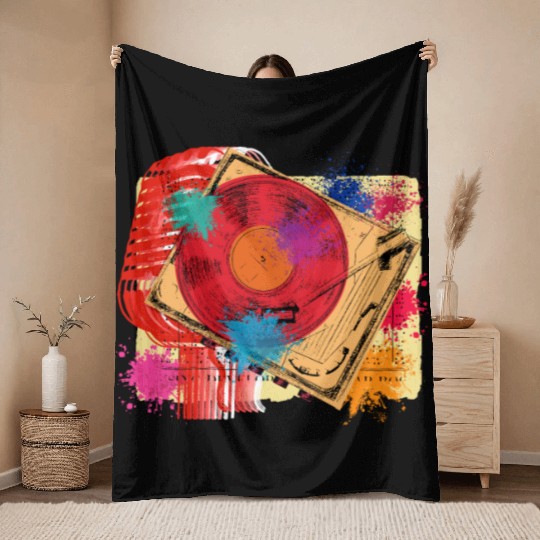 Vintage Vinyl Microphone Turntable DJ 80s 90s Musi Throw Blankets