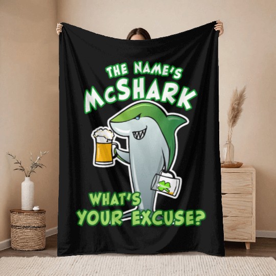 St Patricks Day Shark Funny Beer Drinking Throw Blankets