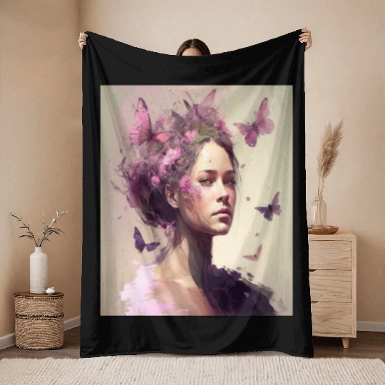 Breast Cancer Survivor Pink Flower Hair Girl Throw Blankets
