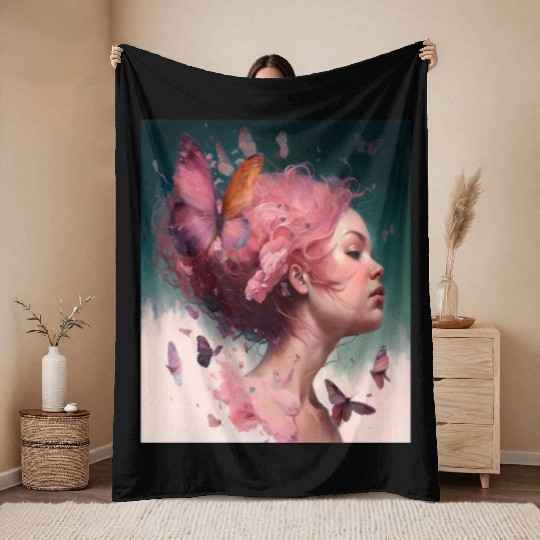 Breast Cancer Survivor Pink Flower Hair Girl Throw Blankets