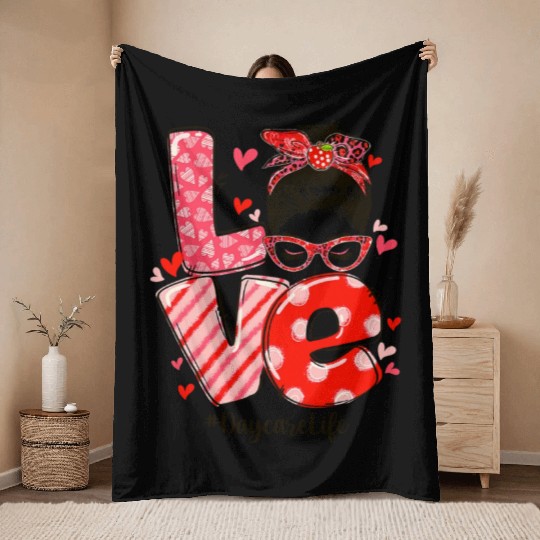 ove Messy Bun Daycare Teacher Valentines Day Throw Blankets