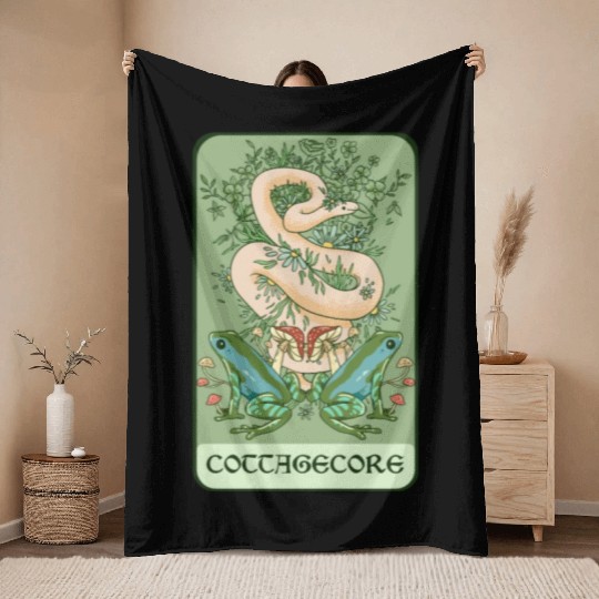 Tarot Card Goblincore Snake Cottagecore Frog Aesth Throw Blankets