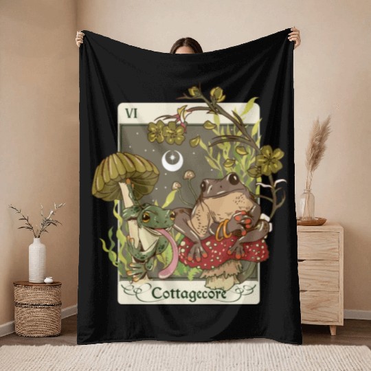 Swamp Mushroom Frog Cottagecore Tarot Card Aesthet Throw Blankets